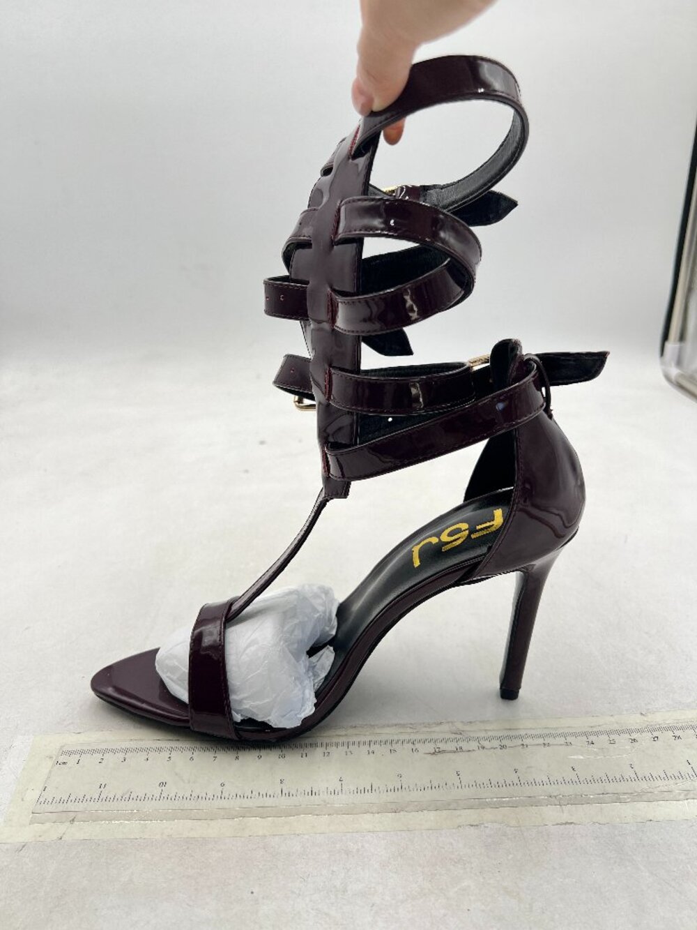 FSJ Burgundy Patent Leather Gladitor Buckle Ankle Strap T-Strap High Heel Sandal